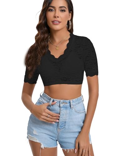 Dosieyeo Damen Dirndl Bluse Spitze Dirndlbluse Kurzarm Elegantsexy V-Ausschnitt