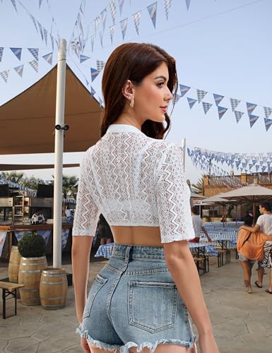 ANTLOOWW Weiß Spitze Dirndl Bluse Damen Elegante Kurzarm Bluse für Zum Oktoberfest Tops